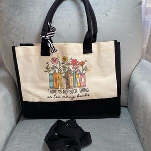 Book and Floral Print Tote Bag Black Beige Zip Double Handles Detach. Strap